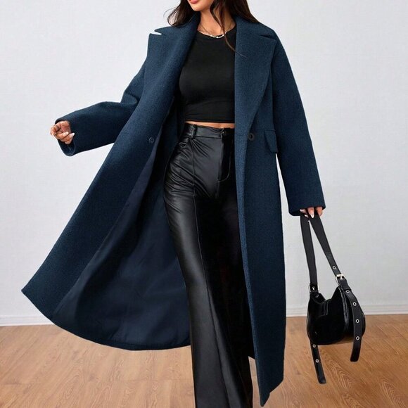 Navy Blue Casual Women's Lapel Long Coat - Picture 6 of 6